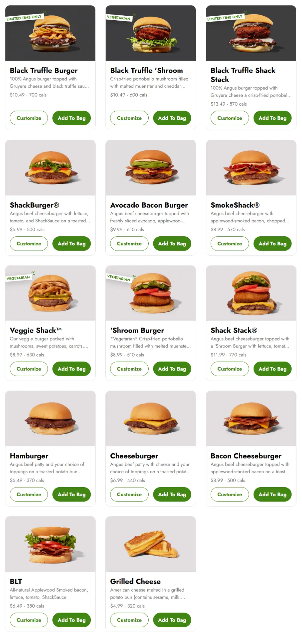 Shake Shack Burger Menu Prices