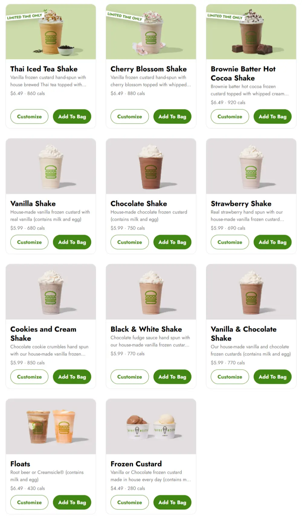 Shakes & Frozen Custard Menu Prices